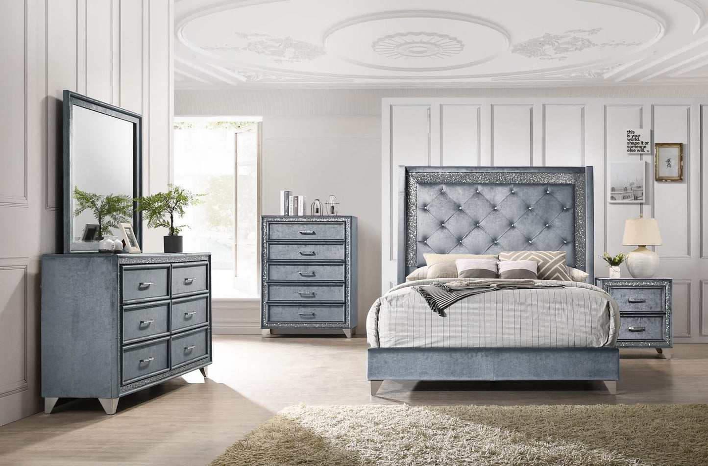 GRAY VELVET NIGHTSTAND