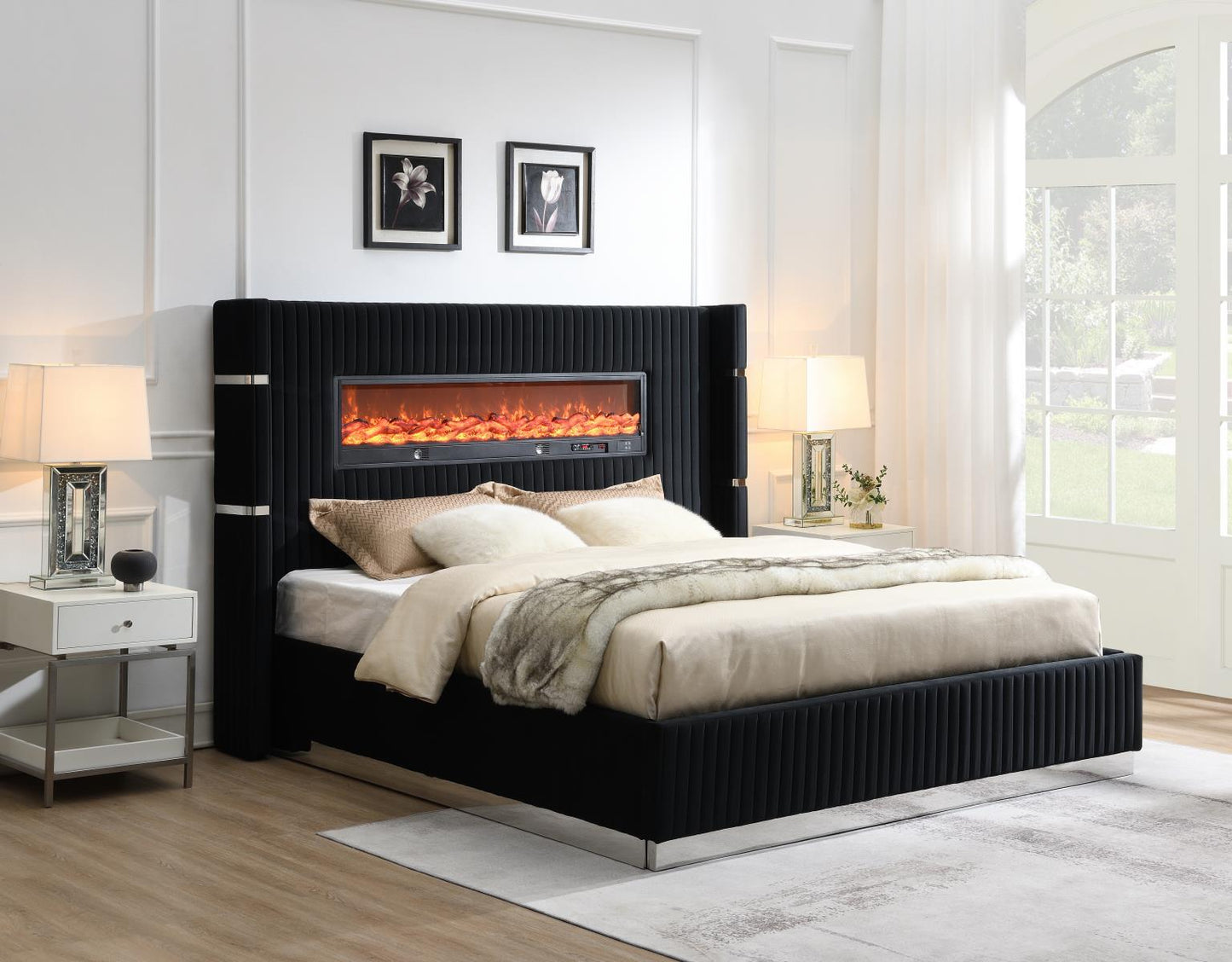 BLACK VELVET KING BED W/FIREPLACE & BLUETOOTH SPEAKER & USB