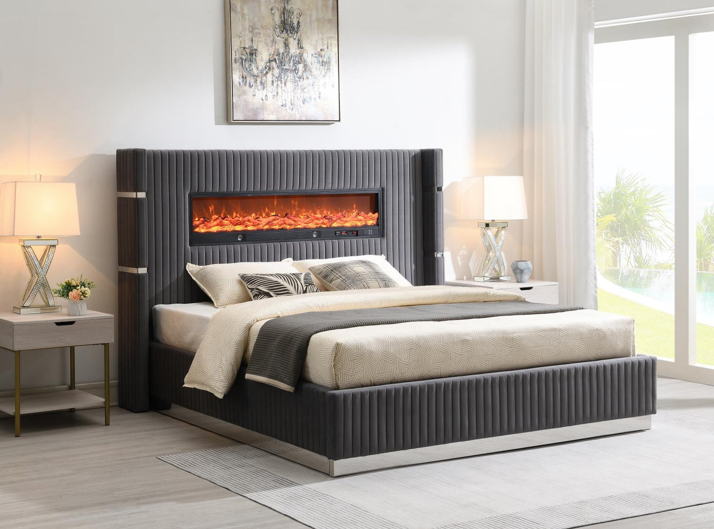 GRAY VELVET KING BED W/FIREPLACE & BLUETOOTH SPEAKER & USB