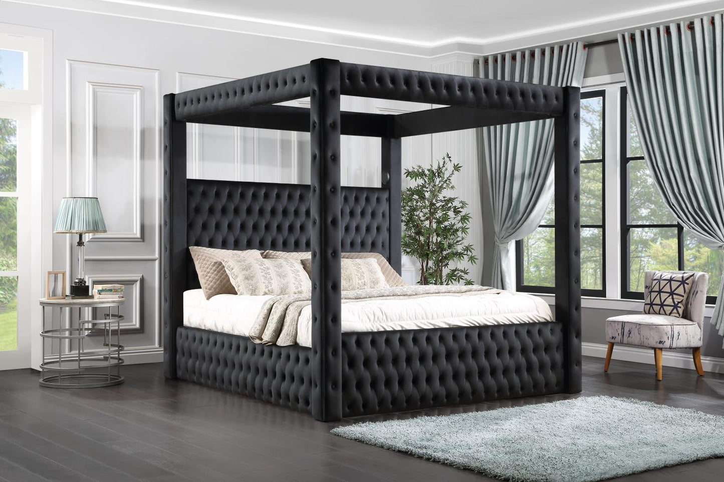 BLACK VELVET QUEEN CANOPY BED W/BLUETOOTH SPEAKER & USB