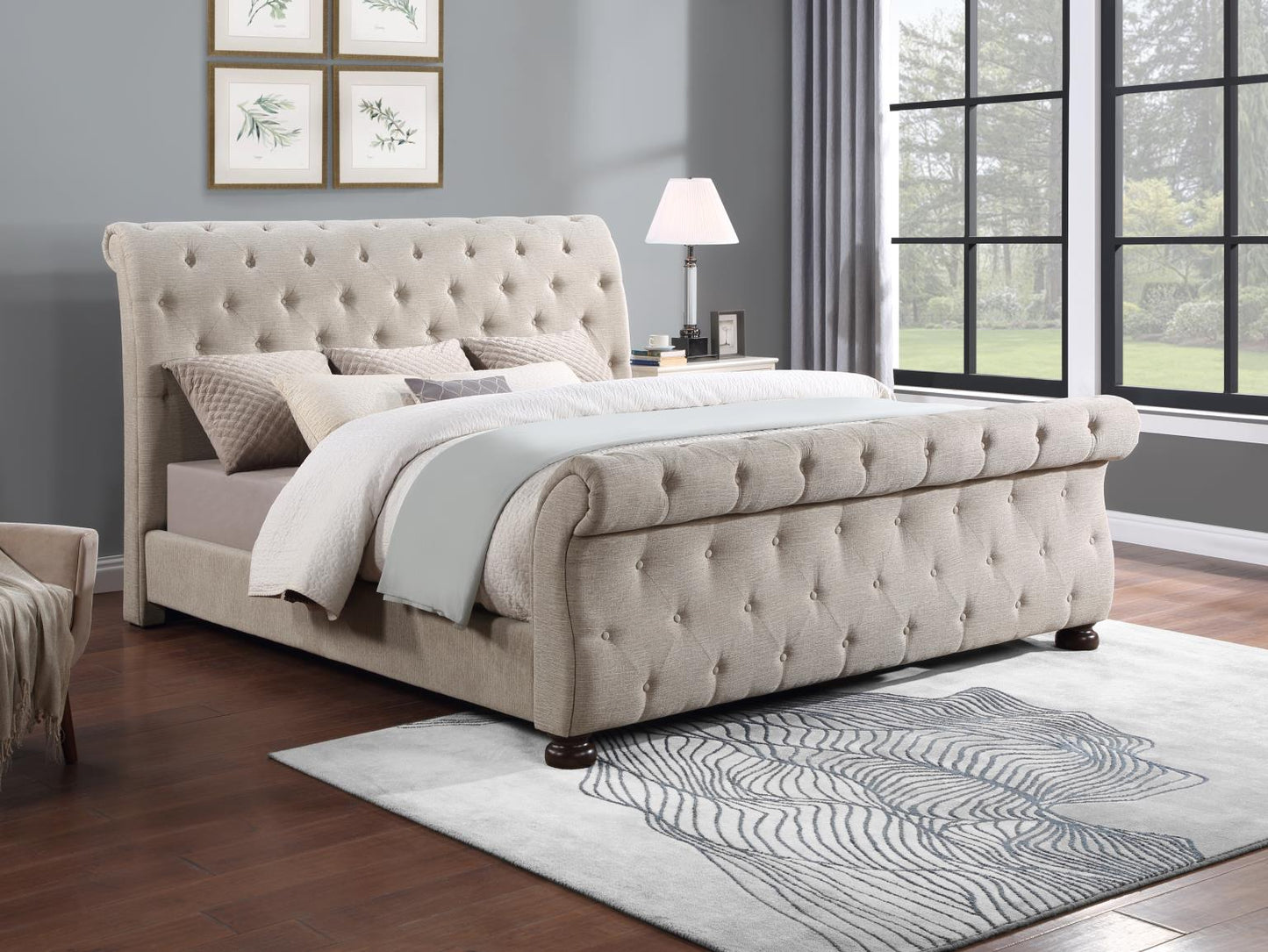 BEIGE KING UPH SLEIGHT BED