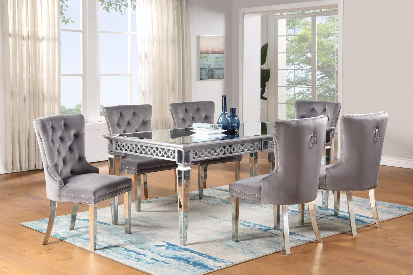 TABLE & 6 GRAY VELVET SIDE CHAIRS
