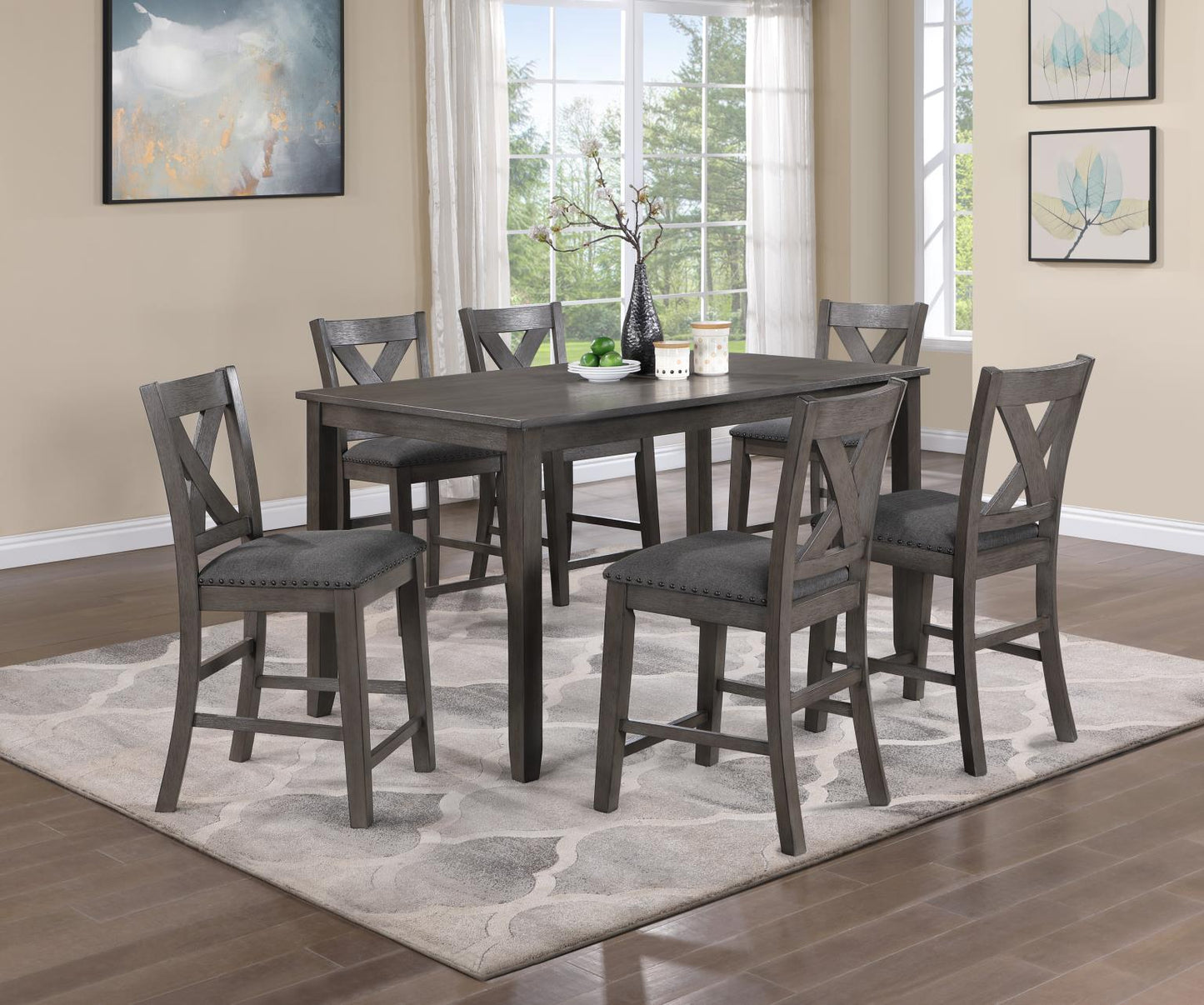 GRAY COUNTER HEIGHT TABLE W/6 COUNTER CHAIRS
