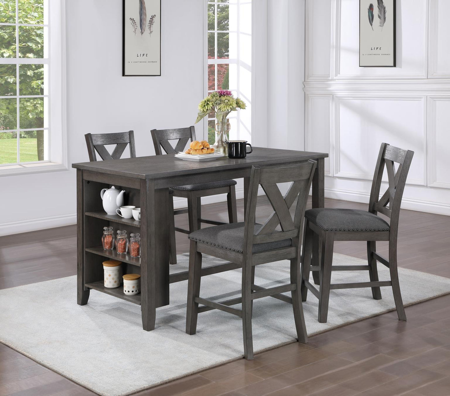 GRAY PUB TABLE & 4 STOOLS