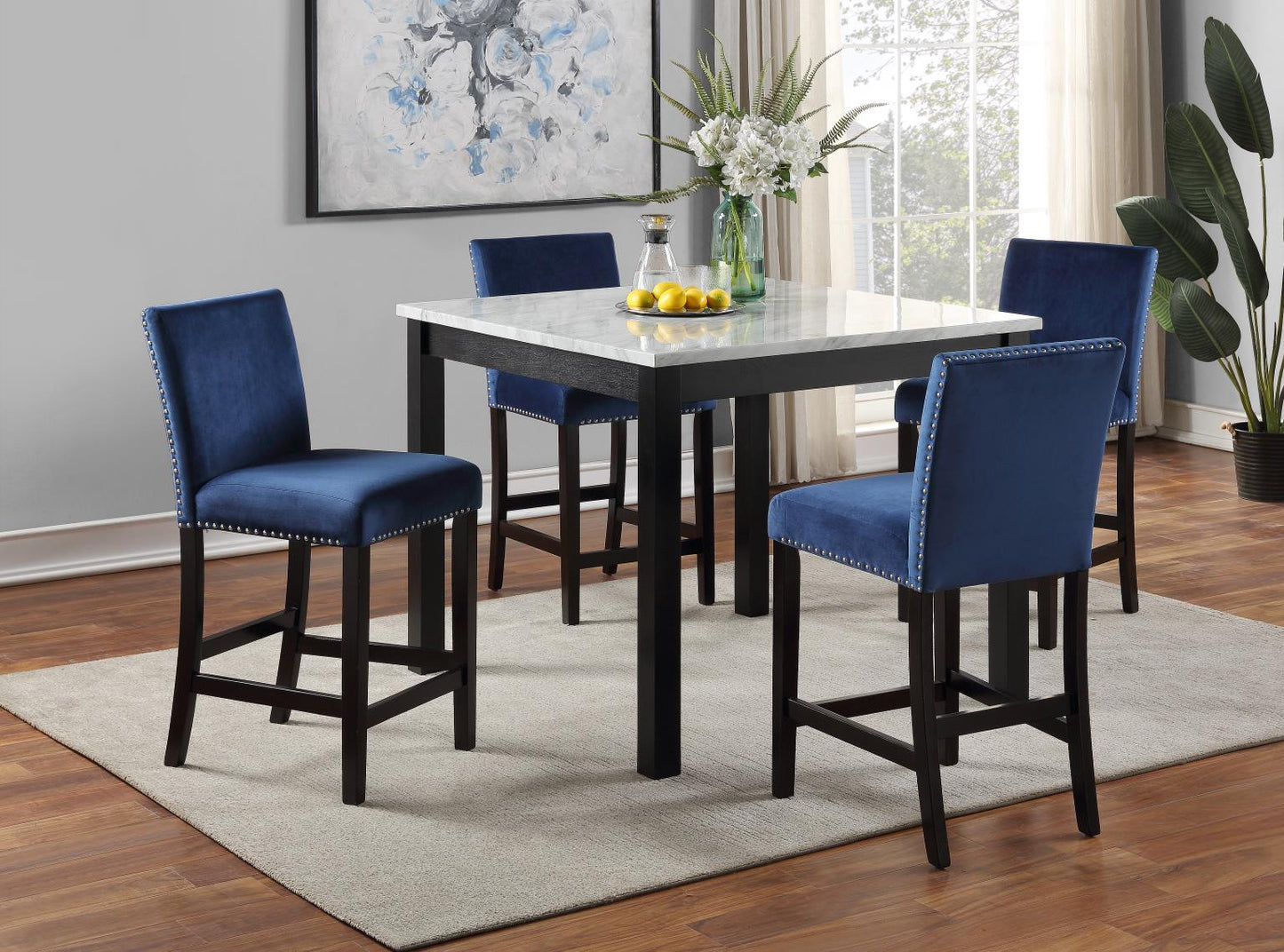 WHITE MARBLE DINING TABLE W/ 4 BLUE VELVET CHAIRS