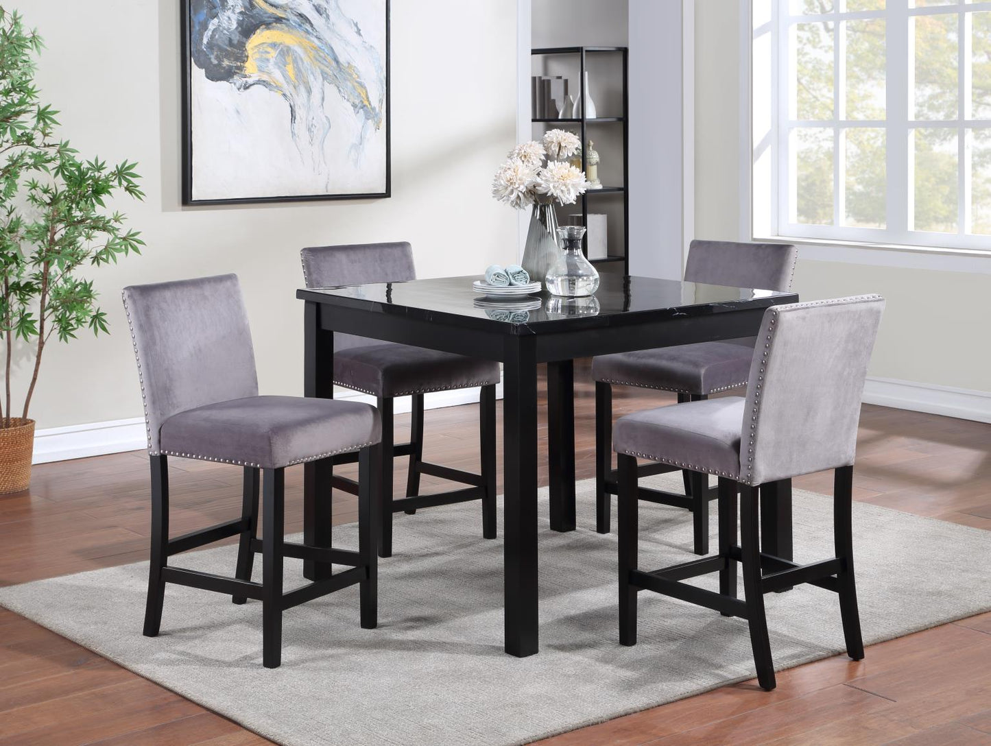 BLACK MARBLE DINING TABLE W/ 4 GRAY VELVET CHAIRS