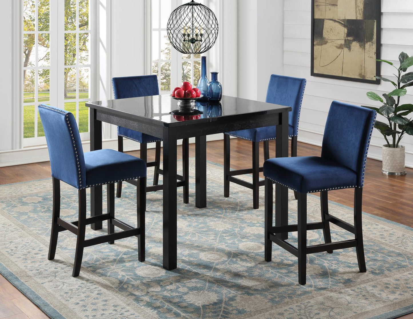 BLACK MARBLE DINING TABLE W/ 4 BLUE VELVET CHAIRS