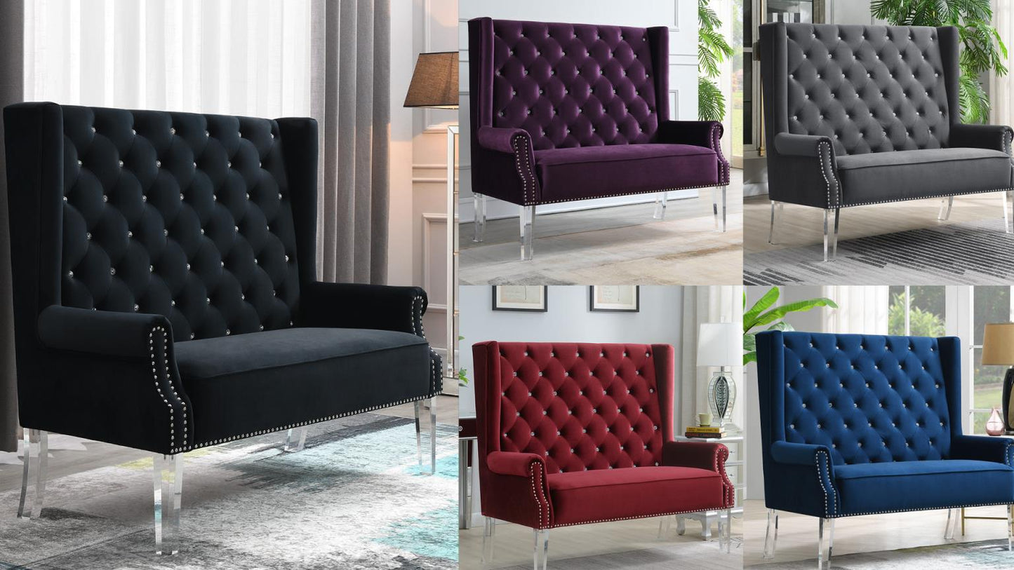 HIGH BACK BLACK VELVET WING BENCH W/ACRYLIC LEGS