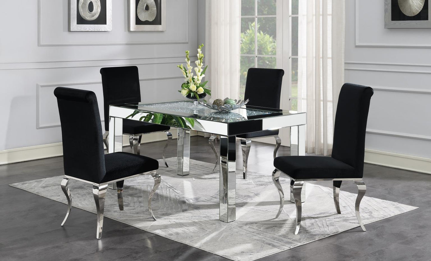 GLAMOUR DINING TABLE & 4 BLACK VELVET CHAIRS