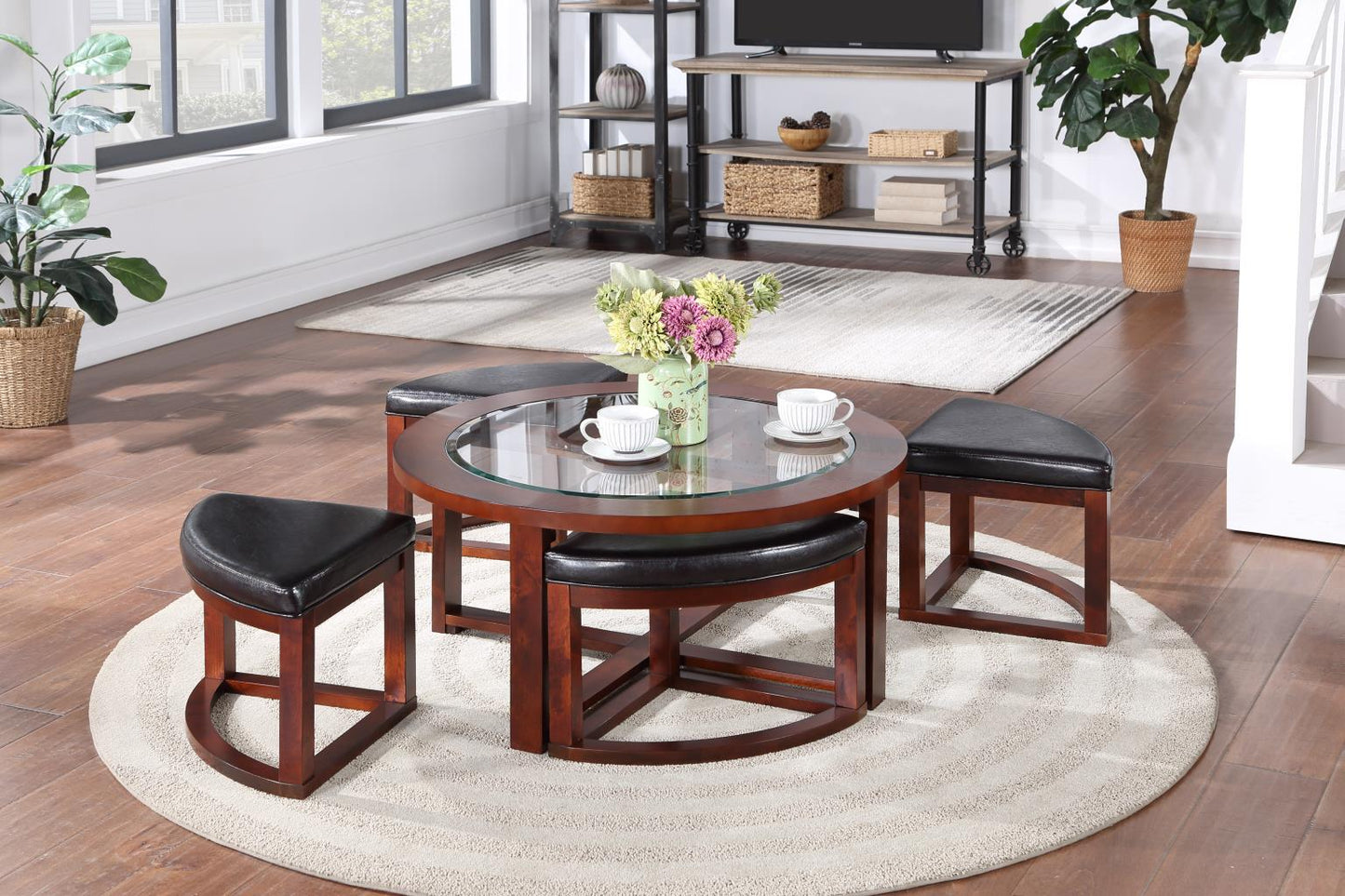 BROWN COFFEE TABLE W/ 4 CARRIAGE STOOLS