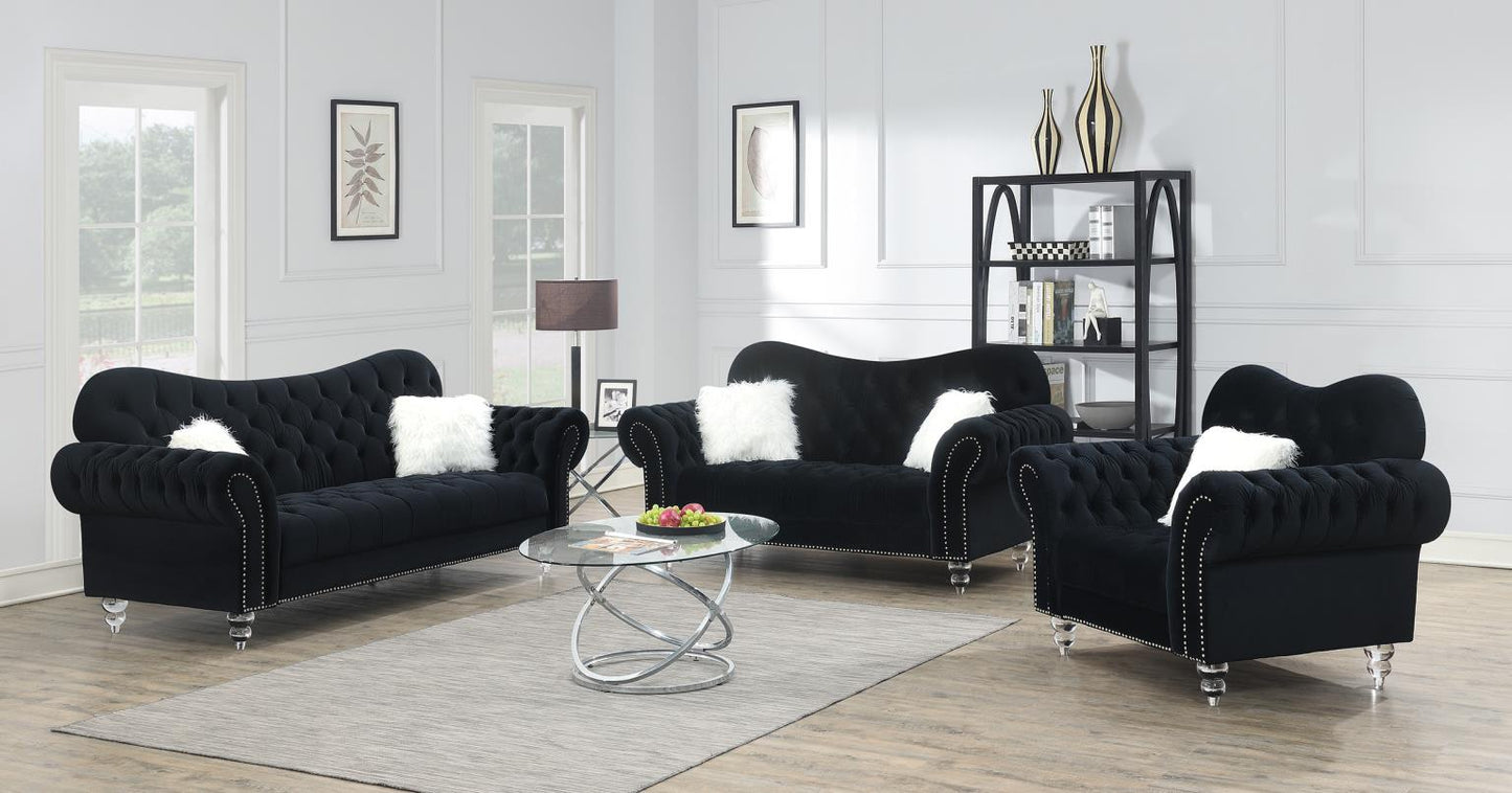 BLACK LOVESEAT W/TWO WHITE FUR PILLOWS & ACRYLIC LEGS