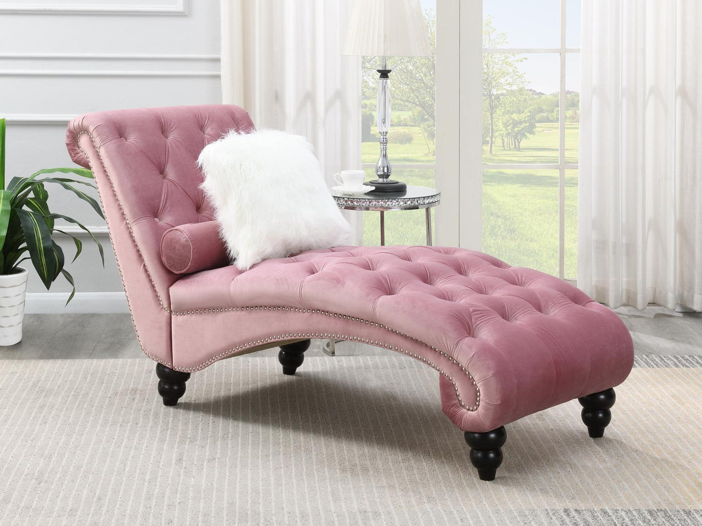 PINK CHAISE W/WOODEN LEGS
