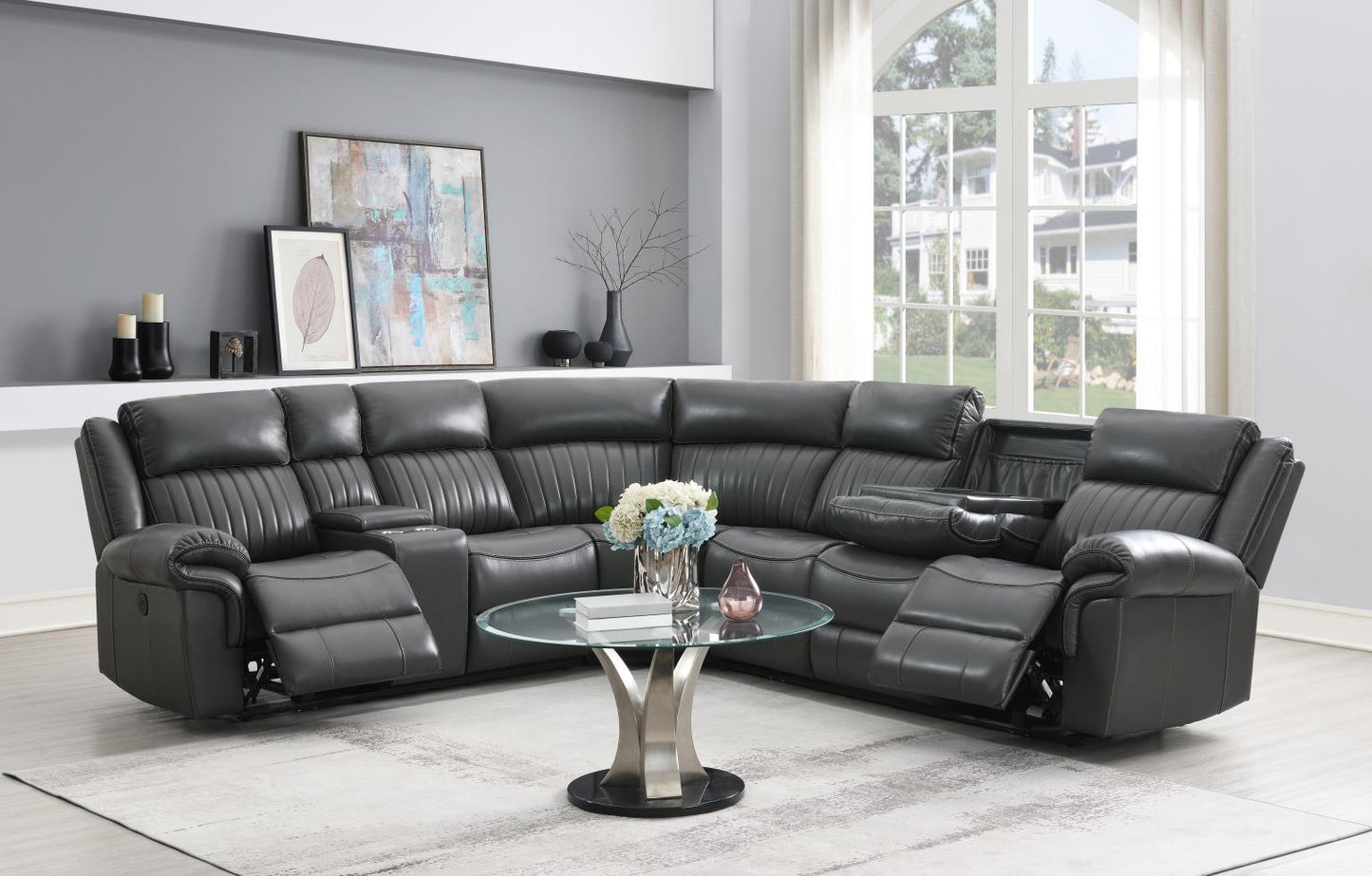 3 PC GRAY POWER RECLINING SECTIONAL W/SCREEN