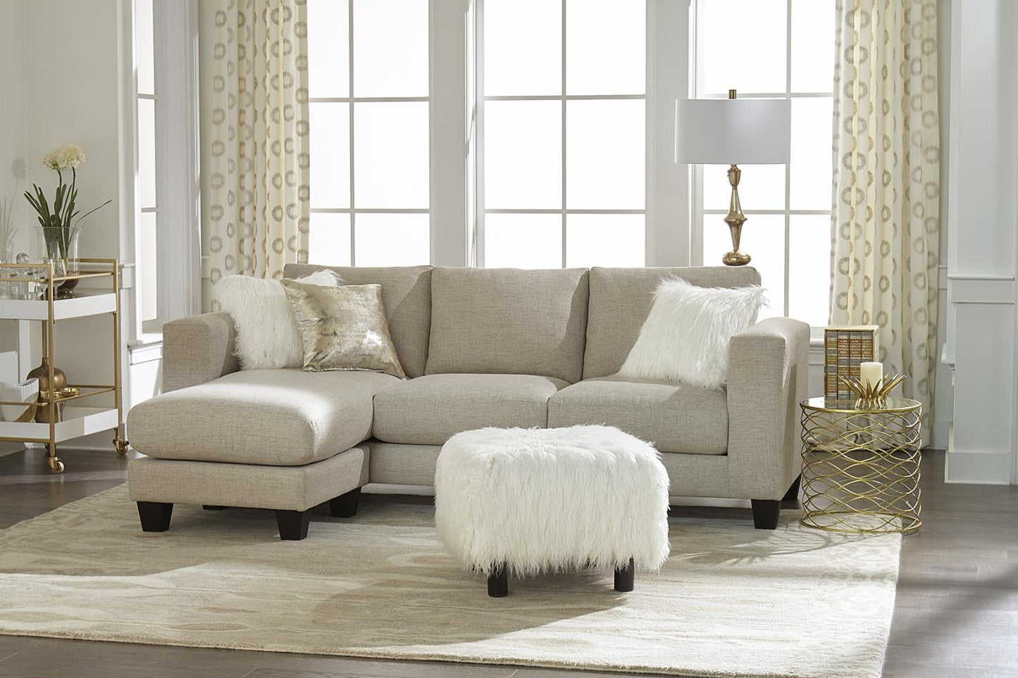 TAN CHENILLE FABRIC RAF SOFA W/CHAISE