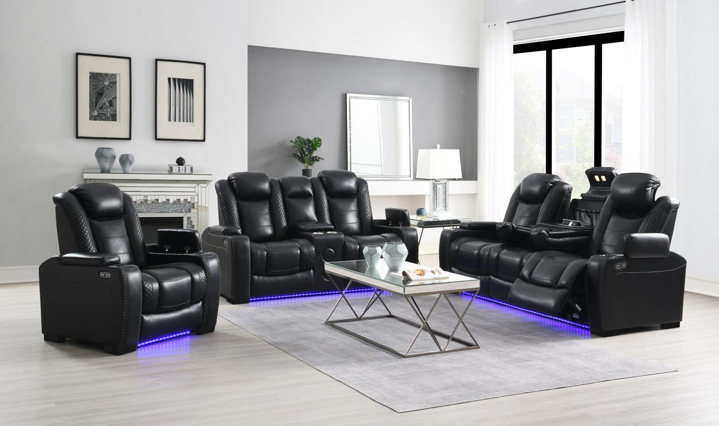 BLACK LED POWER RECLINING W/PWR HEADREST, BLUETOOTH SPEAKER, AND DROP DOWN TABLE LOVESEAT
