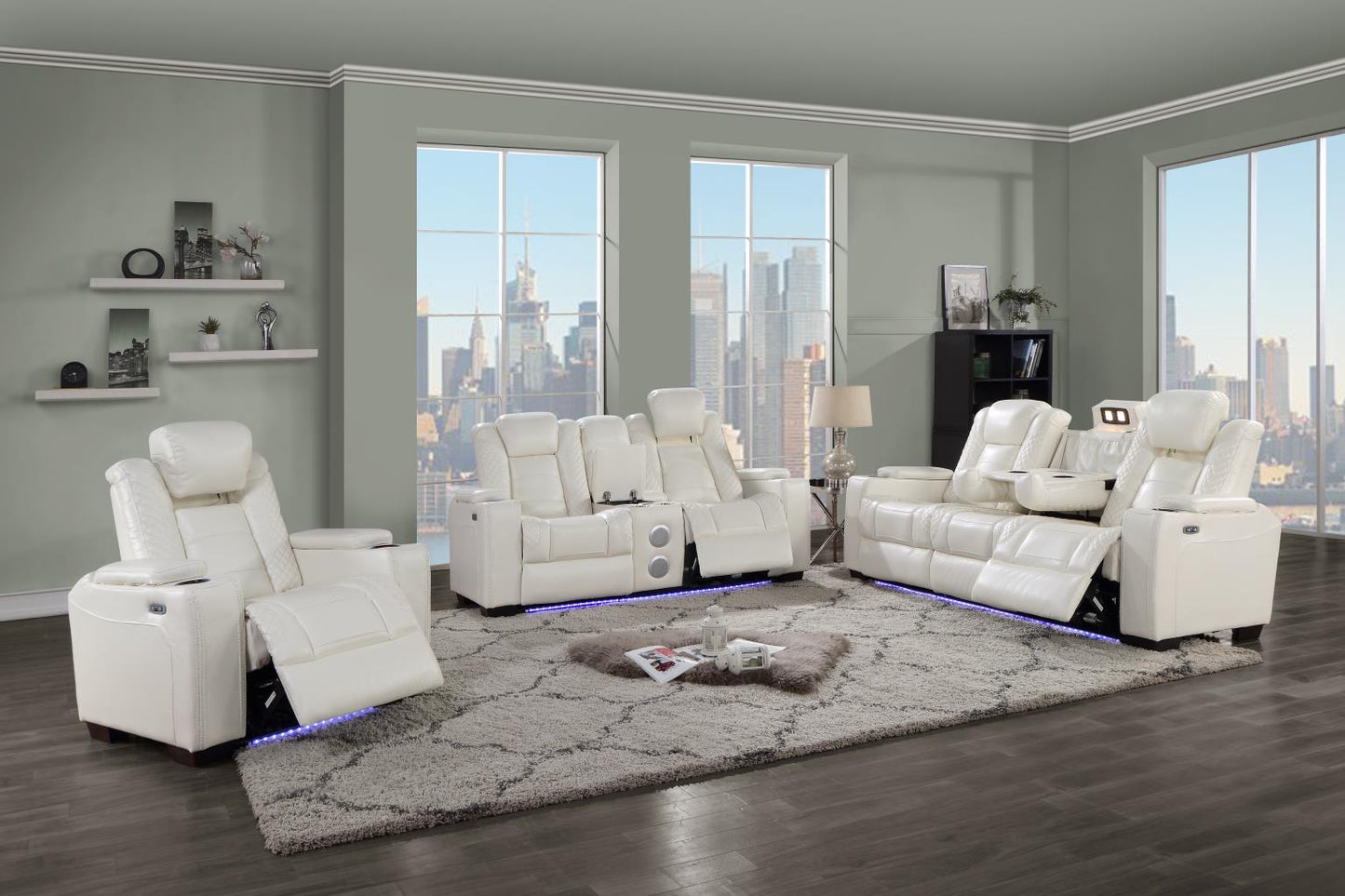 WHITE LED POWER RECLINING SOFA WITH DROP DOWN TABLE