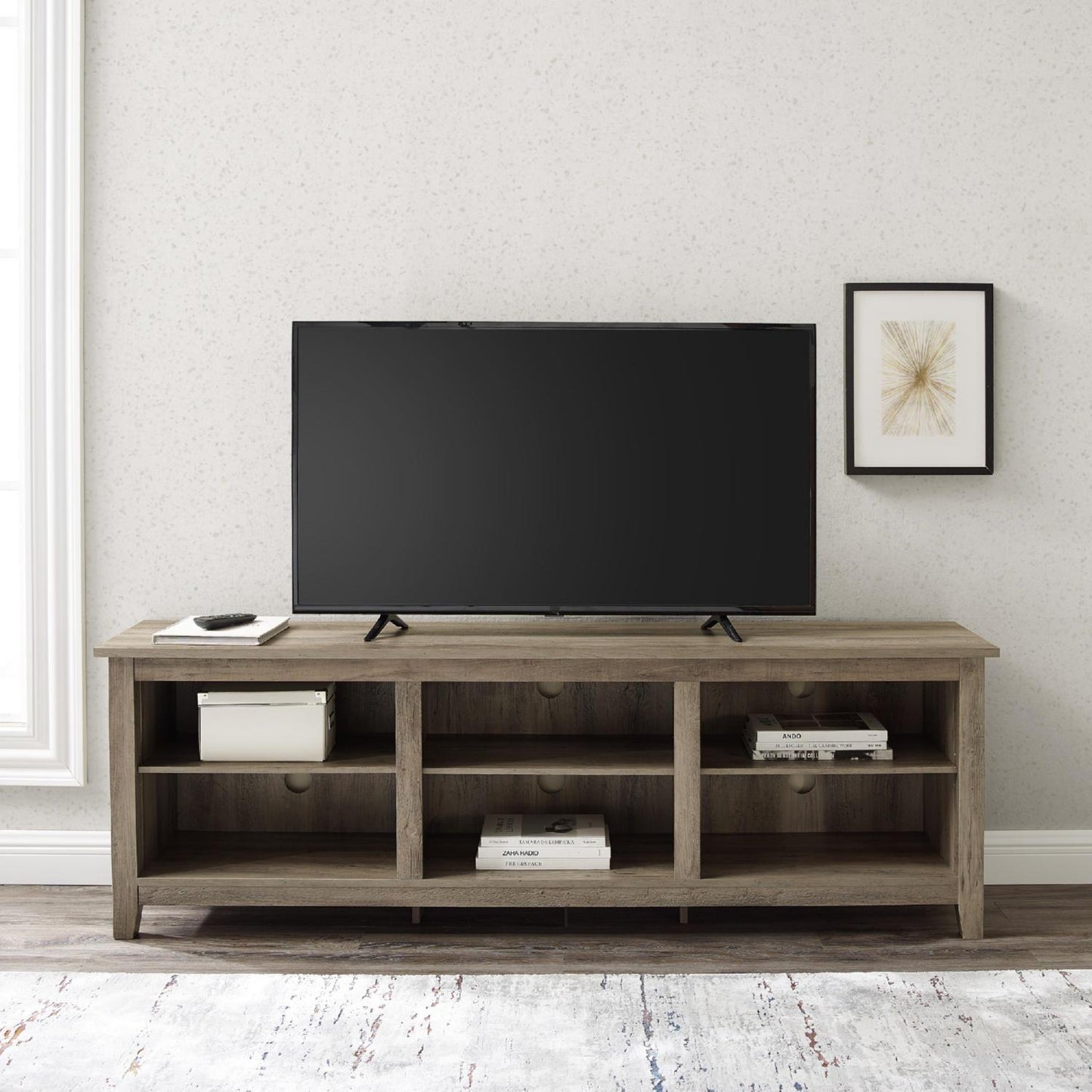 Essential Rustic TV Stand Grey Wash Finish MDF 70x16x24H..