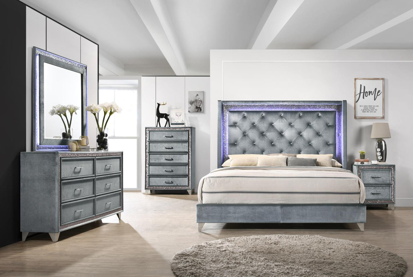 GRAY VELVET LED KING BED