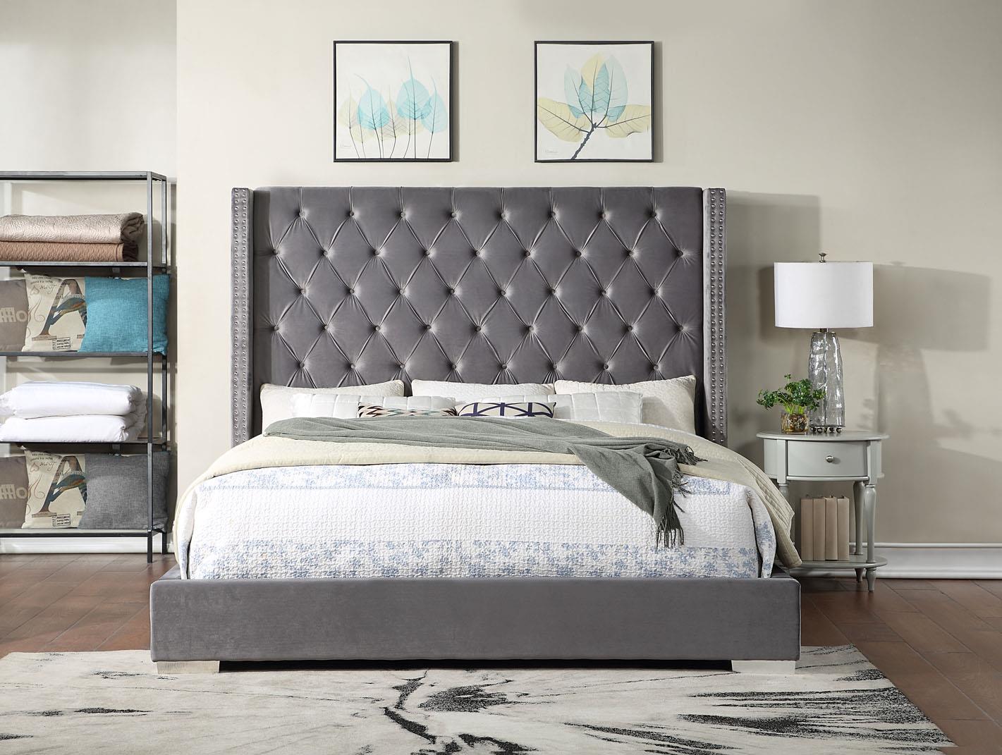 GRAY VELVET KING BED