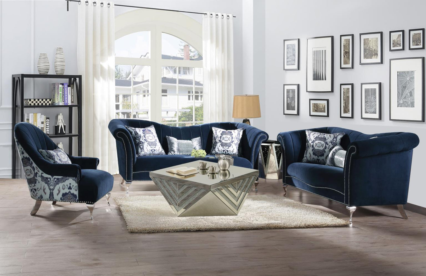 NAVY LOVESEAT W/ METAL LEGS