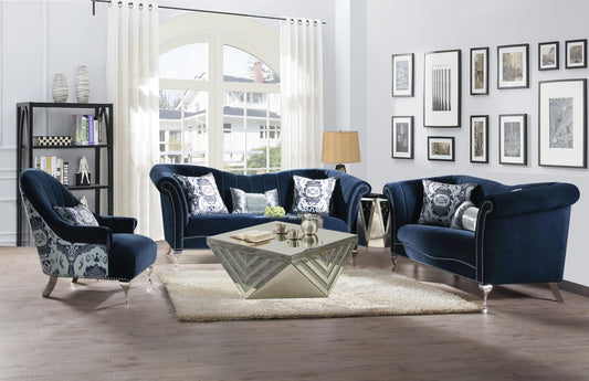 NAVY LOVESEAT W/ METAL LEGS