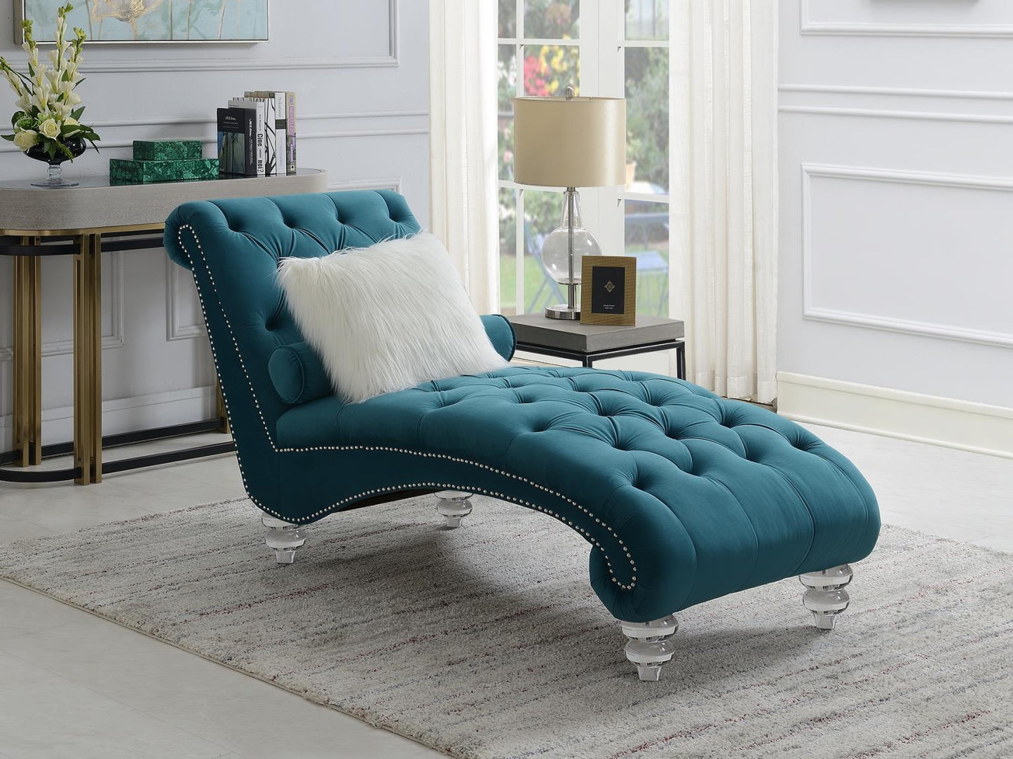 TURQUOISE CHAISE W/ACRYLIC LEGS
