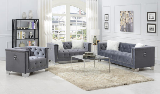 GRAY LOVESEAT W/TWO WHITE FUR PILLOWS