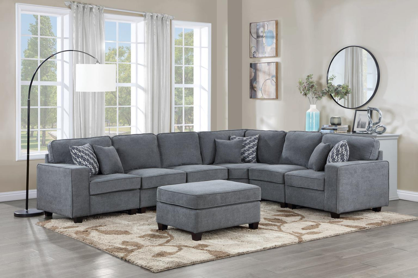 GRAY FABRIC 4 PC SECTIONAL (1 ARMLESS CHAIRS)