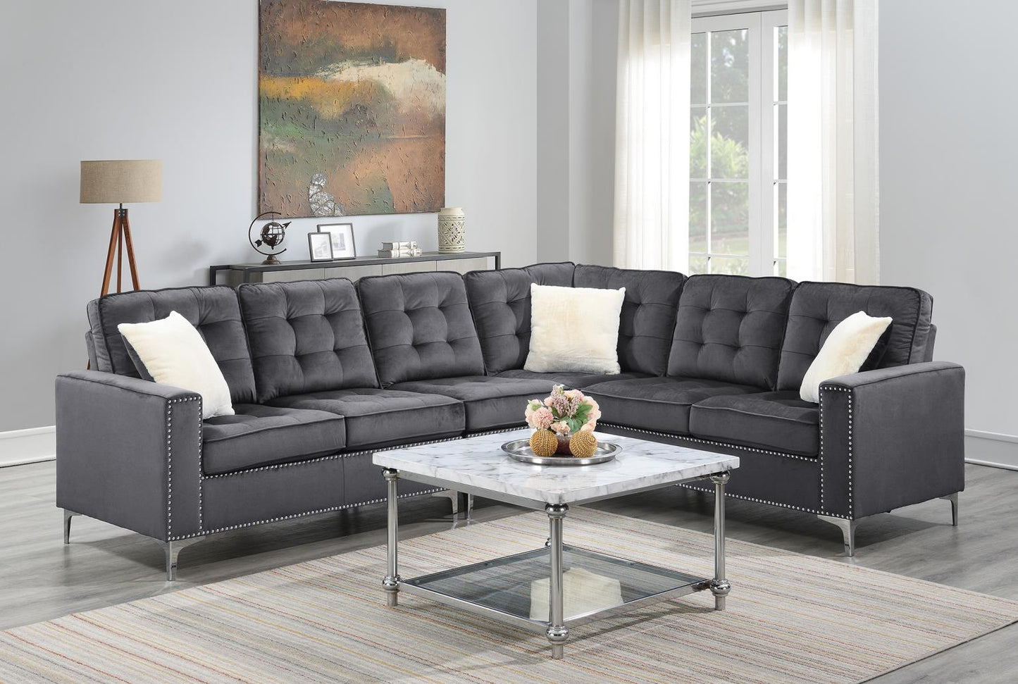 DARK GRAY VELVET 4 PC SECTIONAL