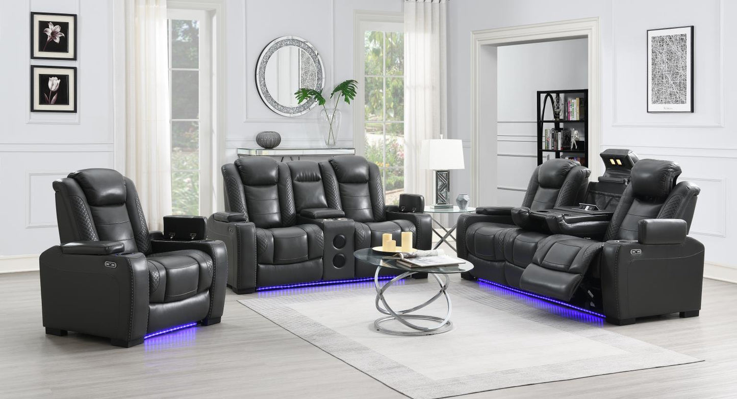 GRAY LED POWER RECLINING W/PWR HEADREST, BLUETOOTH SPEAKER, AND DROP DOWN TABLE LOVESEAT